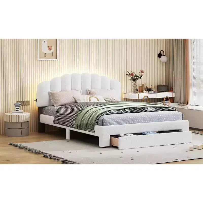 Cama Queen tapizada en beige/gris/blanco con plataforma y cajón de almacenamiento, para 2 personas
