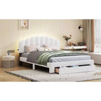 Cama Queen tapizada en beige/gris/blanco con plataforma y cajón de almacenamiento, para 2 personas
