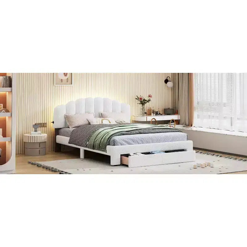 Cama Queen tapizada en beige/gris/blanco con plataforma y cajón de almacenamiento, para 2 personas
