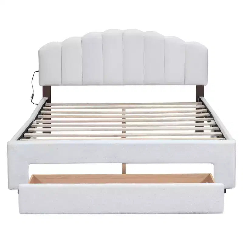 Cama Queen tapizada en beige/gris/blanco con plataforma y cajón de almacenamiento, para 2 personas