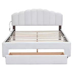 Cama Queen tapizada en beige/gris/blanco con plataforma y cajón de almacenamiento, para 2 personas