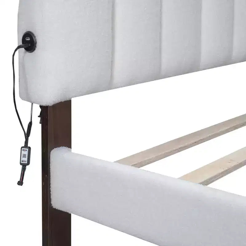 Cama Queen tapizada en beige/gris/blanco con plataforma y cajón de almacenamiento, para 2 personas