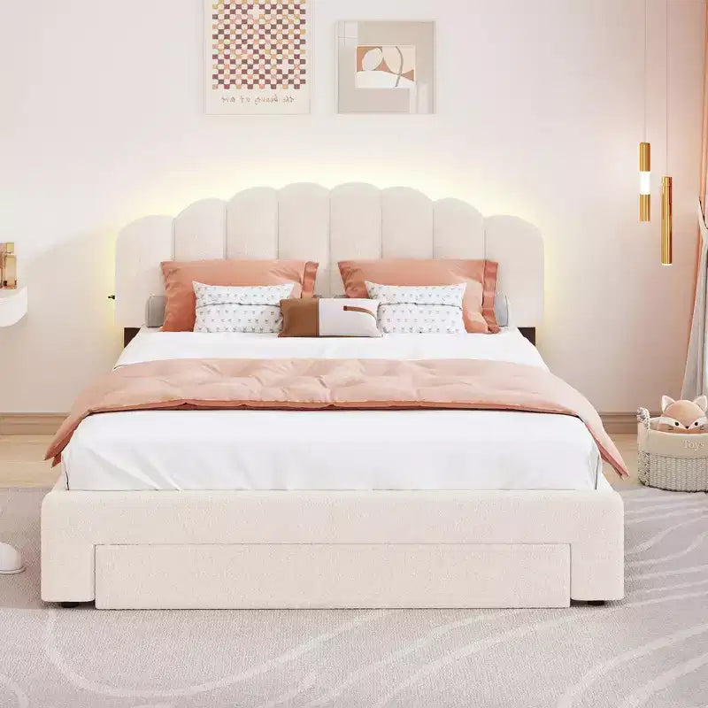Cama Queen tapizada en beige/gris/blanco con plataforma y cajón de almacenamiento, para 2 personas