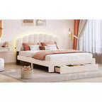 Cama Queen tapizada en beige/gris/blanco con plataforma y cajón de almacenamiento, para 2 personas