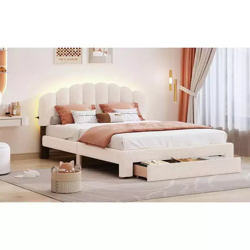 Cama Queen tapizada en beige/gris/blanco con plataforma y cajón de almacenamiento, para 2 personas