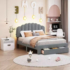 Cama Queen tapizada en beige/gris/blanco con plataforma y cajón de almacenamiento, para 2 personas