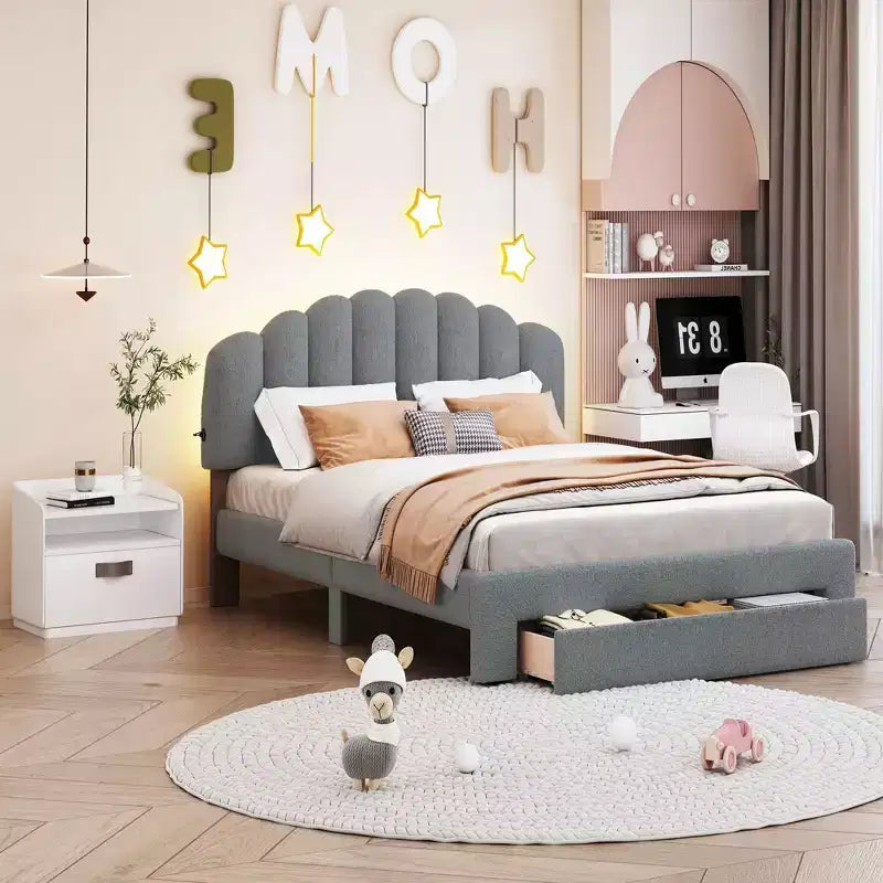 Cama Queen tapizada en beige/gris/blanco con plataforma y cajón de almacenamiento, para 2 personas