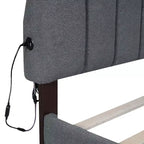 Cama Queen tapizada en beige/gris/blanco con plataforma y cajón de almacenamiento, para 2 personas