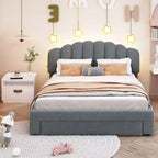 Cama Queen tapizada en beige/gris/blanco con plataforma y cajón de almacenamiento, para 2 personas