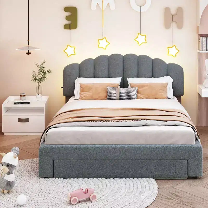 Cama Queen tapizada en beige/gris/blanco con plataforma y cajón de almacenamiento, para 2 personas