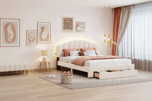 Okak Queen Elegant Platform Bed Frame with Upholstered & 2 USB Ports Teddy Fleece Bed with Storage Drawer Easy to Assemble