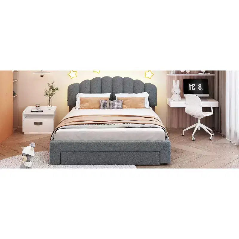 Cama Queen tapizada en beige/gris/blanco con plataforma y cajón de almacenamiento, para 2 personas