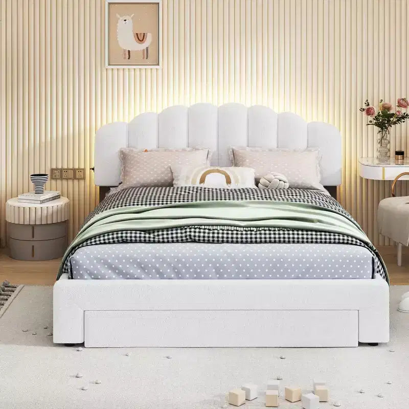Cama Queen tapizada en beige/gris/blanco con plataforma y cajón de almacenamiento, para 2 personas