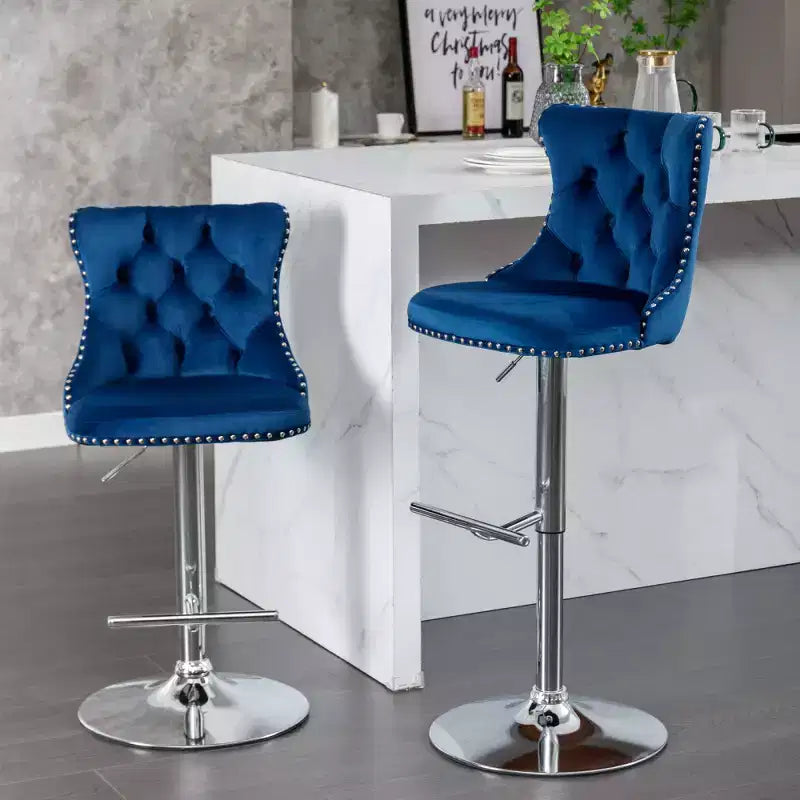 Taburetes de bar giratorios de terciopelo (negro/azul/gris) con mechones, altura ajustable, juego de 2