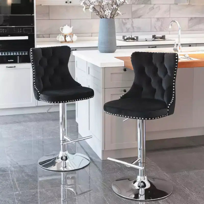 Taburetes de bar giratorios de terciopelo (negro/azul/gris) con mechones, altura ajustable, juego de 2