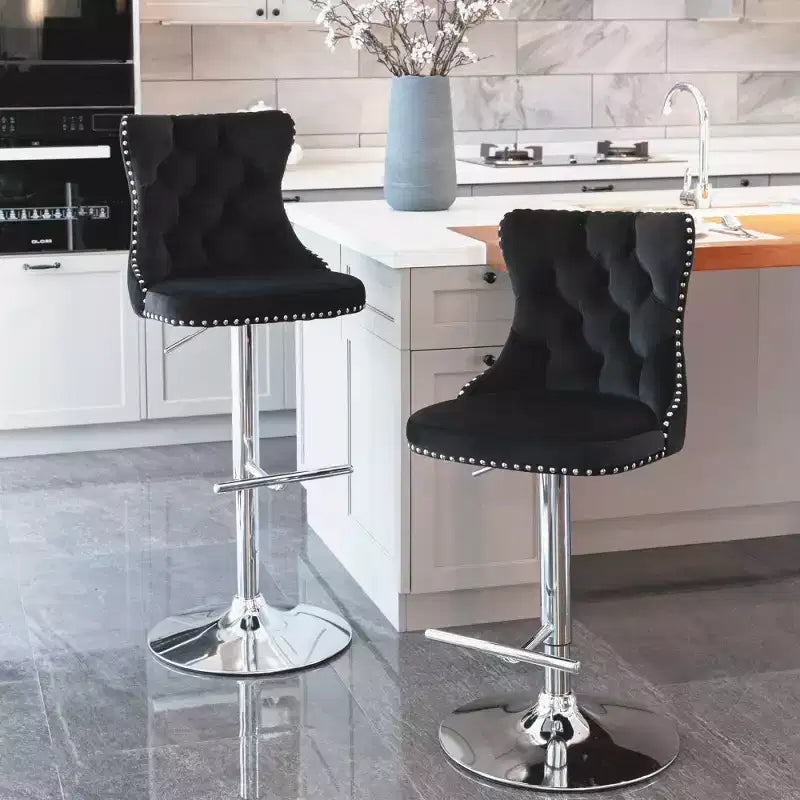 Zeus & Ruta 2533 Set of 2 Velvet Adjustable Swivel Bar Stools with Tufted Backs & Chrome Base