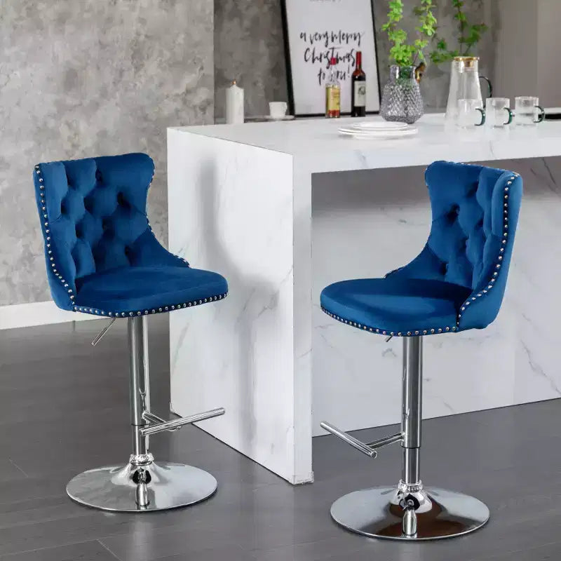 Taburetes de bar giratorios de terciopelo (negro/azul/gris) con mechones, altura ajustable, juego de 2