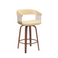 HomeRoots 26 Cream And Wood Brown Faux Leather Swivel Counter Height Bar Chair