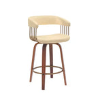 HomeRoots 26 Cream And Wood Brown Faux Leather Swivel Counter Height Bar Chair