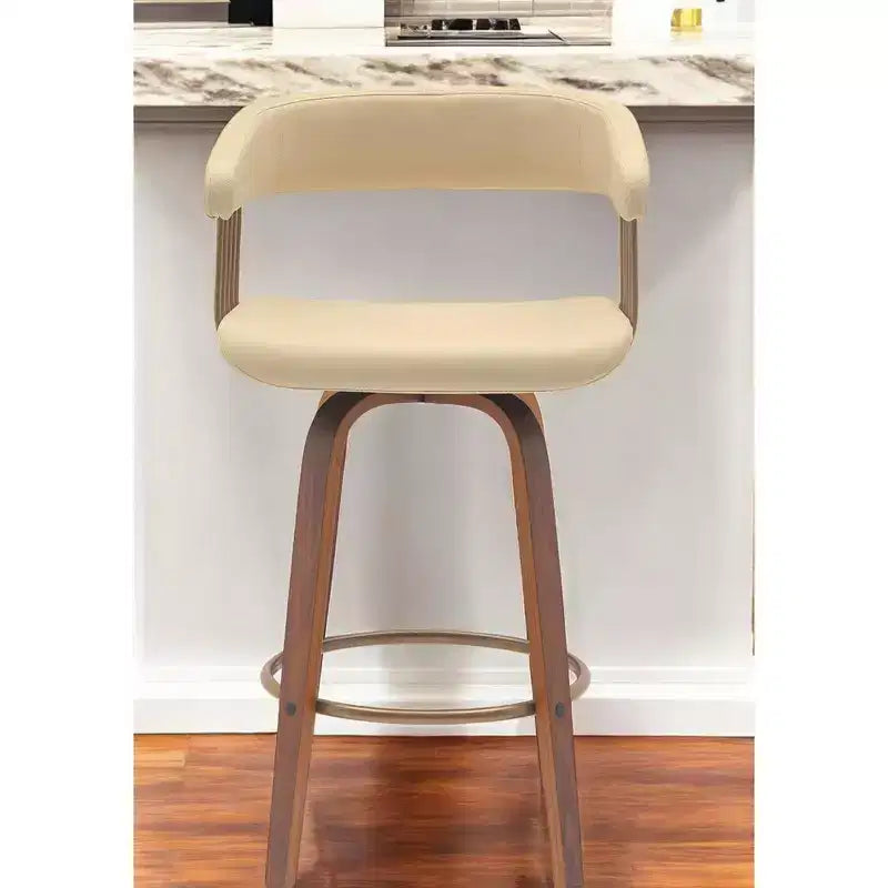 Taburete de bar giratorio de polipiel color crema y madera, respaldo alto, 1 asiento