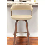 Taburete de bar giratorio de polipiel color crema y madera, respaldo alto, 1 asiento