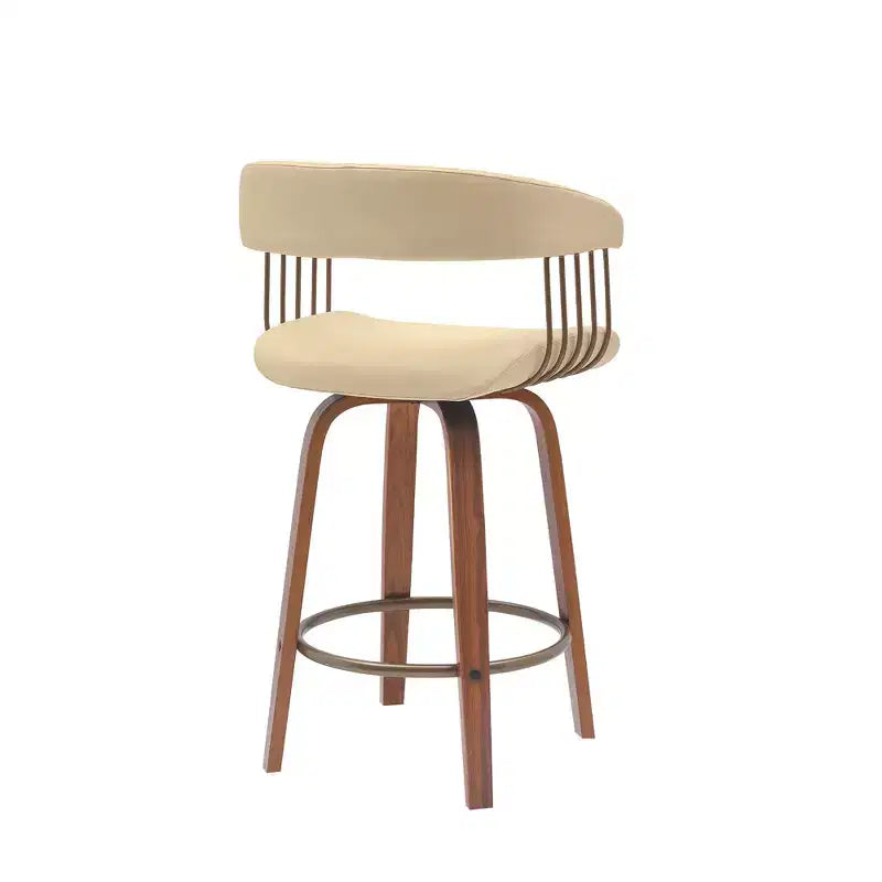 Taburete de bar giratorio de polipiel color crema y madera, respaldo alto, 1 asiento