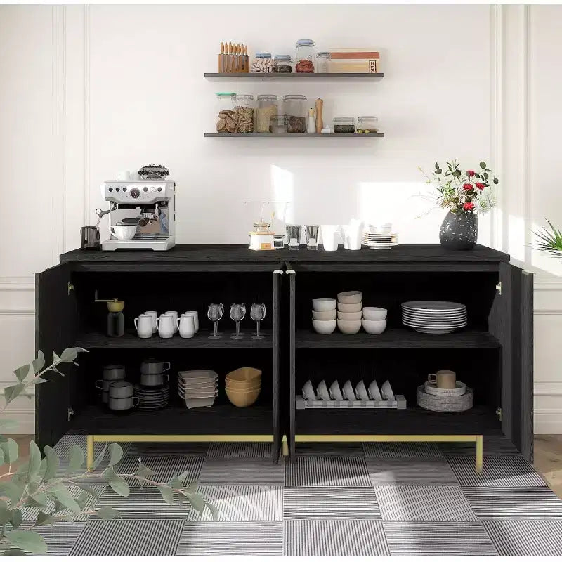 Aparador con almacenamiento estriado de 58 pulgadas, negro/natural, 4 puertas, 2 estantes