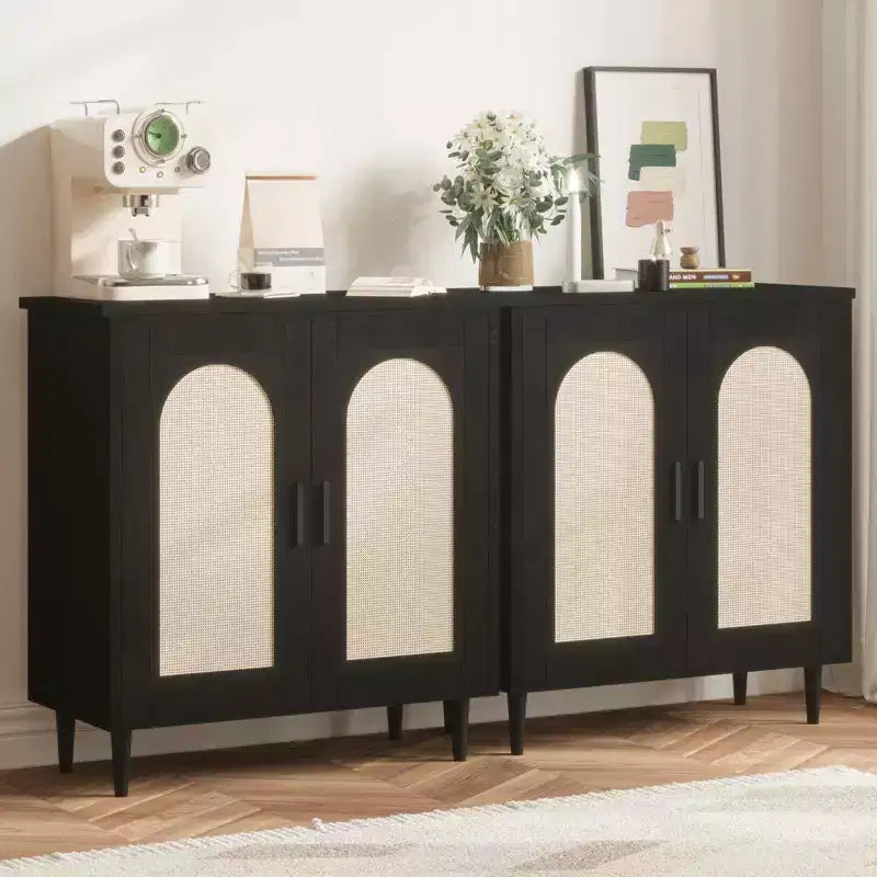 Sideboard Buffet Kitchen Storage Cabinet with Rattan, Solid Wood Feet
