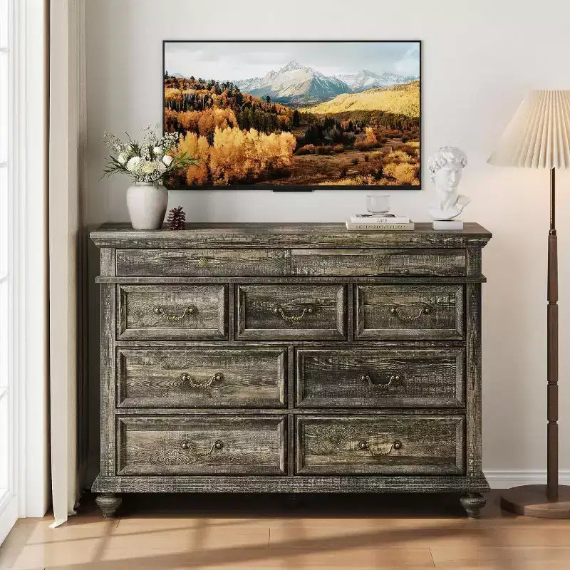 Acekool 9-Drawer Dresser  Farmhouse Chest with Metal Handles, Wide Top, Anti-Tip Anchor