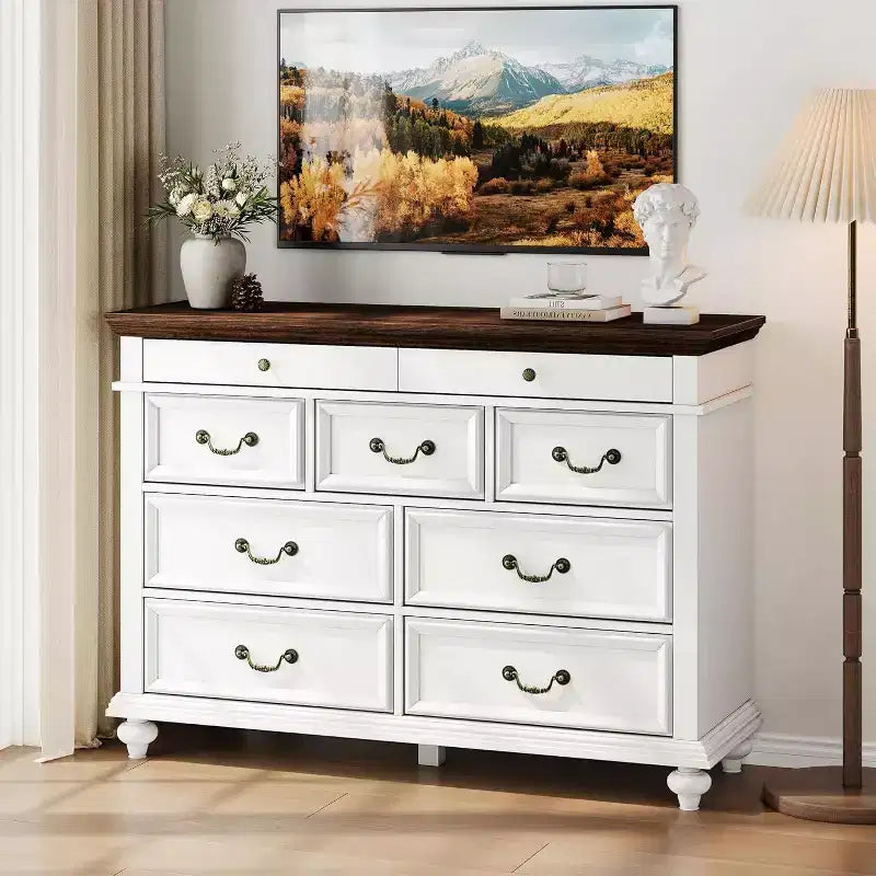 Cómoda de madera de 9 cajones – Colores contrastantes (blanco/marrón) y gris, para adultos