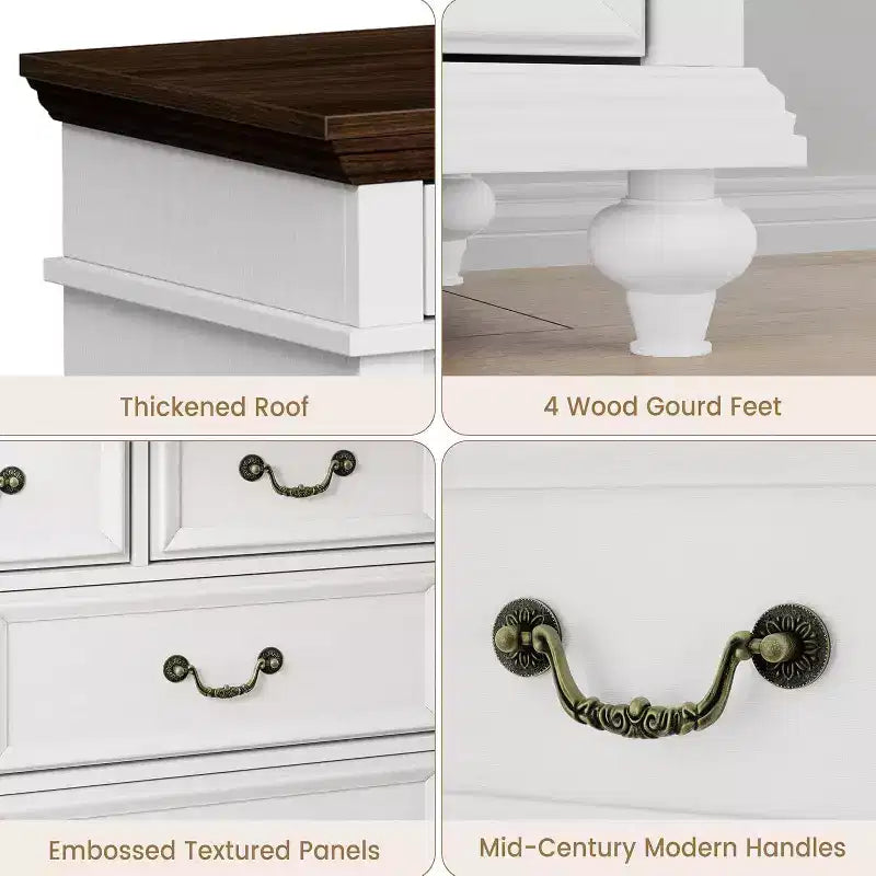 Cómoda de madera de 9 cajones – Colores contrastantes (blanco/marrón) y gris, para adultos