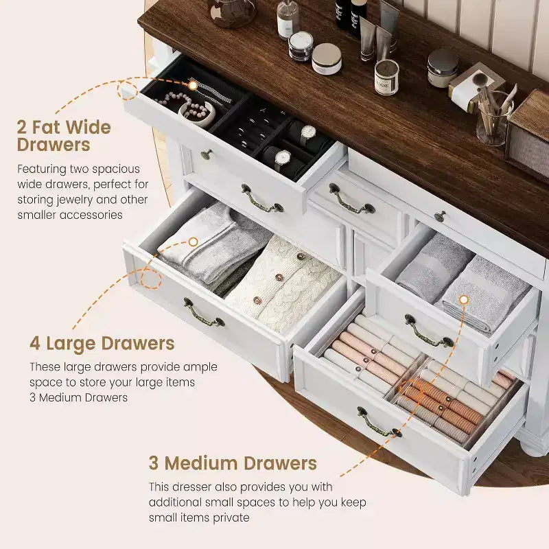 Cómoda de madera de 9 cajones – Colores contrastantes (blanco/marrón) y gris, para adultos