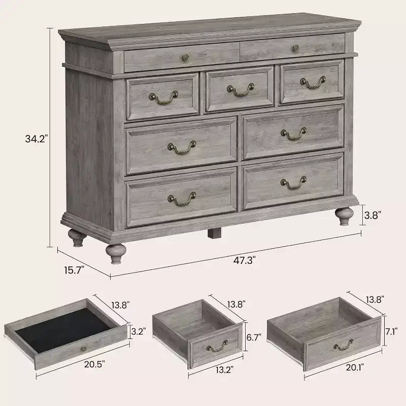 Cómoda de madera de 9 cajones – Colores contrastantes (blanco/marrón) y gris, para adultos