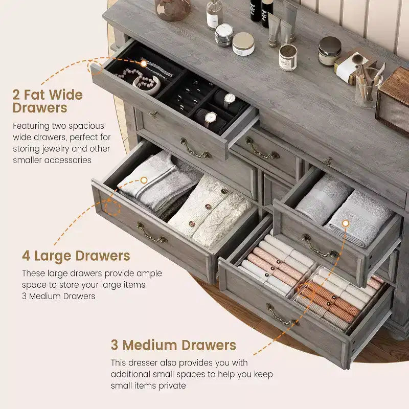 Cómoda de madera de 9 cajones – Colores contrastantes (blanco/marrón) y gris, para adultos