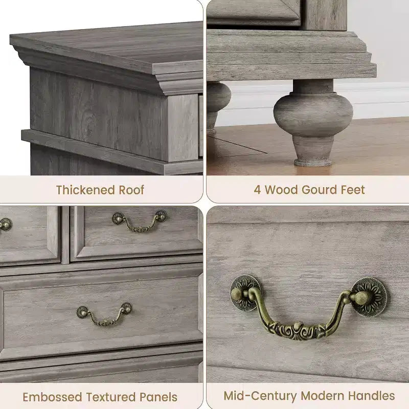 Cómoda de madera de 9 cajones – Colores contrastantes (blanco/marrón) y gris, para adultos
