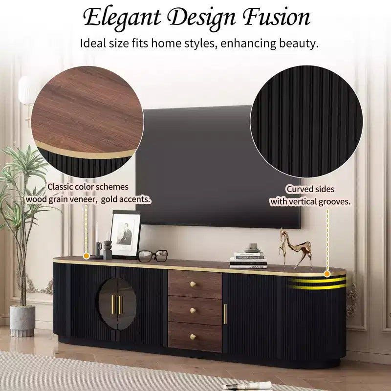 Mueble de TV de 180 cm con 3 cajones, negro/blanco, para televisores de hasta 80"