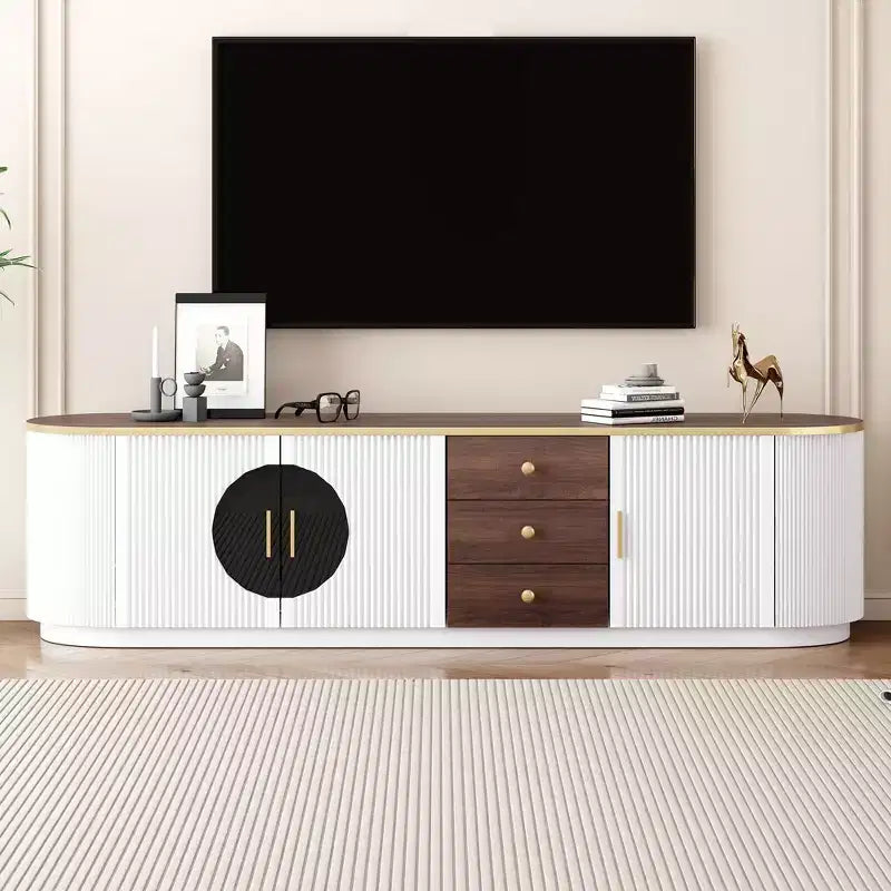 Mueble de TV de 180 cm con 3 cajones, negro/blanco, para televisores de hasta 80"