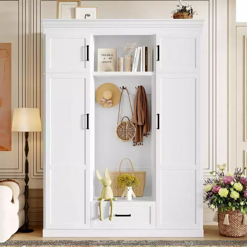 Perchero de entrada negro/blanco de 216,4 cm (85,2") de alto con banco y 3 ganchos – Armario de almacenamiento para recibidor, para 1 persona