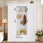 Perchero de entrada negro/blanco de 216,4 cm (85,2") de alto con banco y 3 ganchos – Armario de almacenamiento para recibidor, para 1 persona