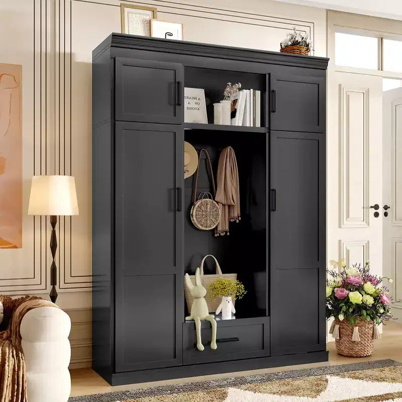 Perchero de entrada negro/blanco de 216,4 cm (85,2") de alto con banco y 3 ganchos – Armario de almacenamiento para recibidor, para 1 persona