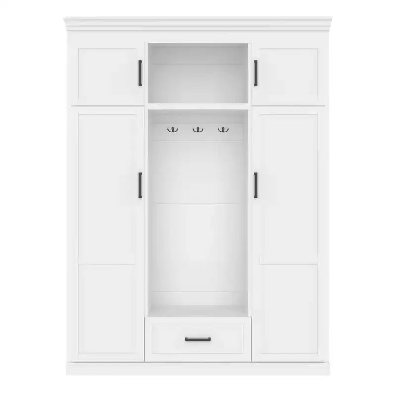 Perchero de entrada negro/blanco de 216,4 cm (85,2") de alto con banco y 3 ganchos – Armario de almacenamiento para recibidor, para 1 persona