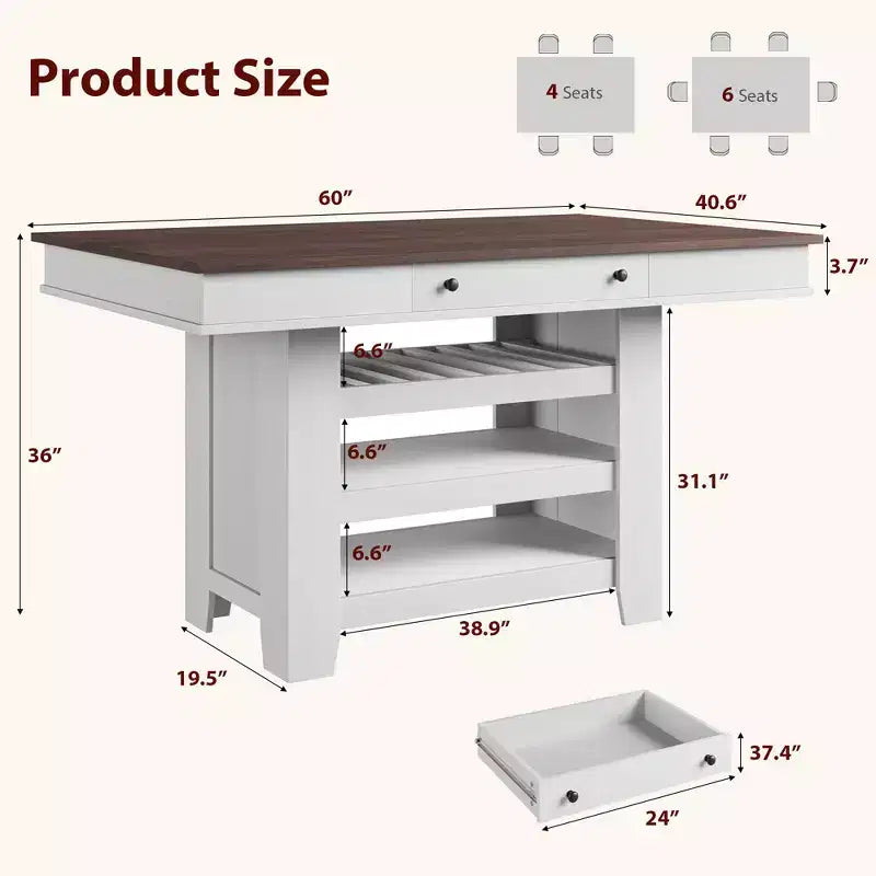 Mesa de comedor rectangular rústica gris/blanco-marrón, altura de mostrador, 6 asientos, juego de 2 piezas