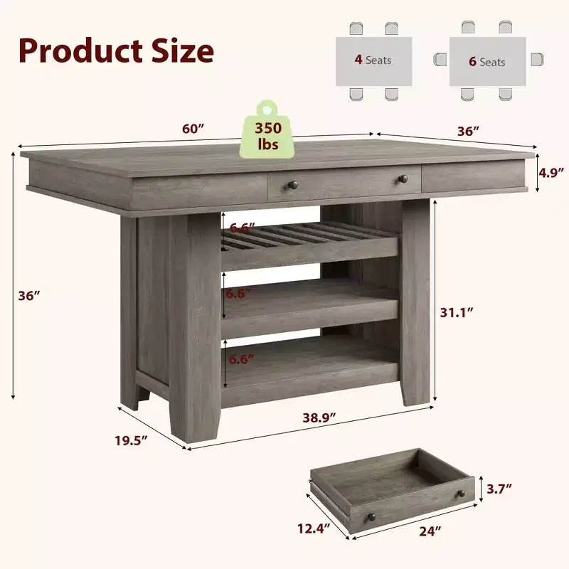 Mesa de comedor rectangular rústica gris/blanco-marrón, altura de mostrador, 6 asientos, juego de 2 piezas