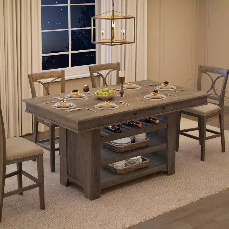 Garvee Counter Height Dining Table for 4-6, Farmhouse Tall Wooden Rectangular Bar Kitchen Table with Wine Rack Shelves