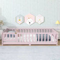 MAYEERTY Twin Floor Bed with Fence without Door, Rubber Wood Floor Guardrails Pink