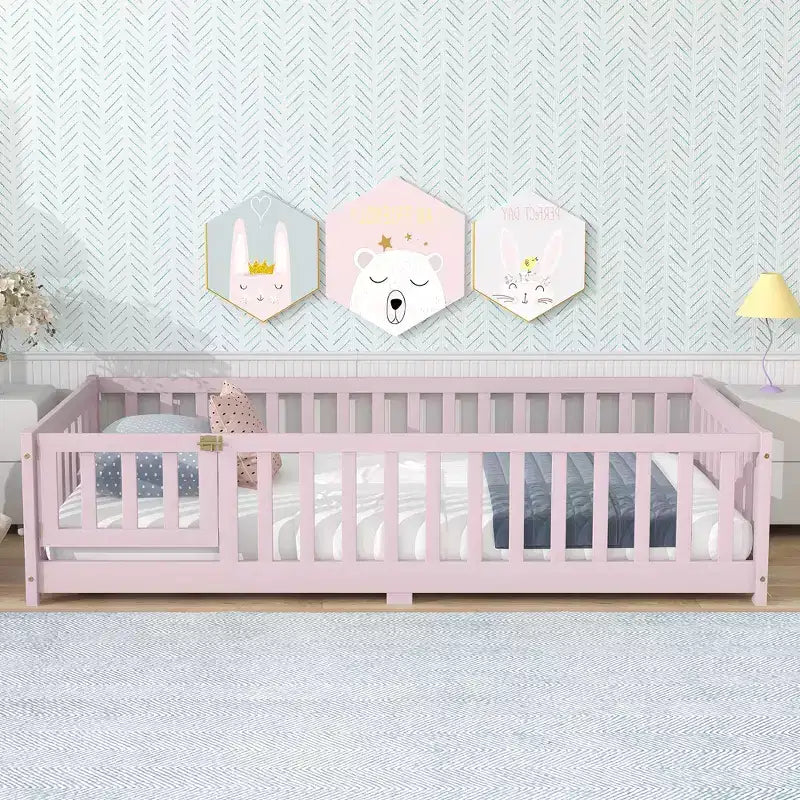 MAYEERTY Twin Floor Bed with Fence without Door, Rubber Wood Floor Guardrails Pink