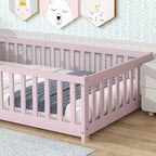 Cama individual de plataforma baja rosa con barandillas