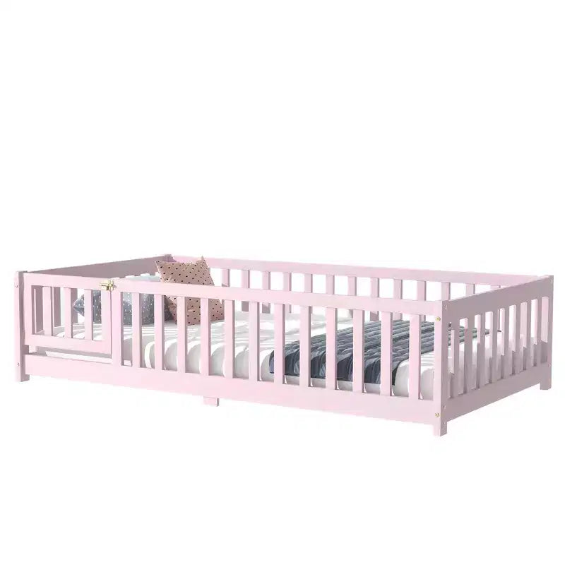 Cama individual de plataforma baja rosa con barandillas