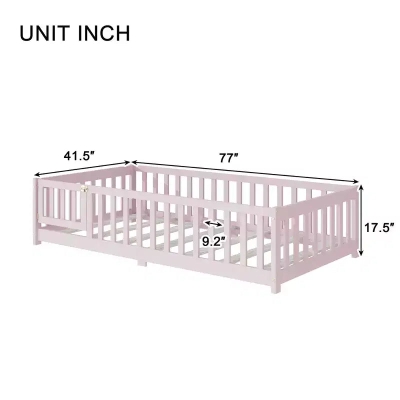 Cama individual de plataforma baja rosa con barandillas