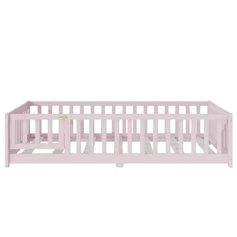 Cama individual de plataforma baja rosa con barandillas